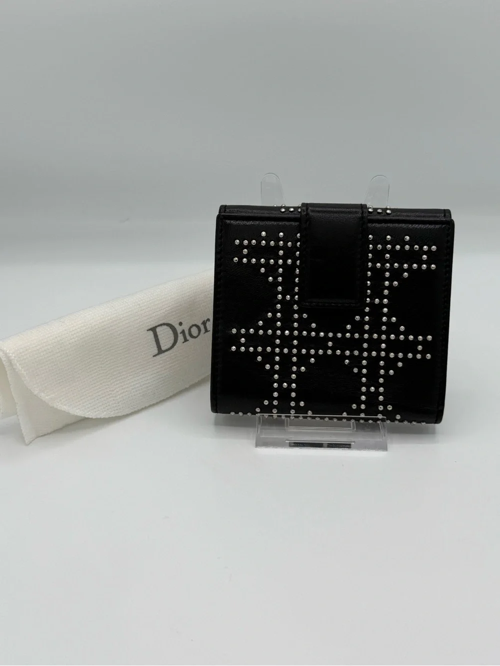 Christian Dior Black Leather Studded Compact Wallet